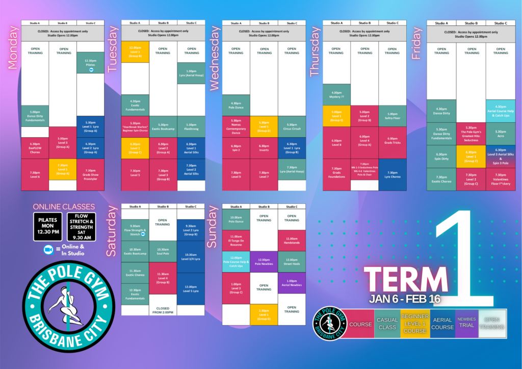 The time table for the pole gym brisbane city pole and aerial fitness classes and courses Term 1